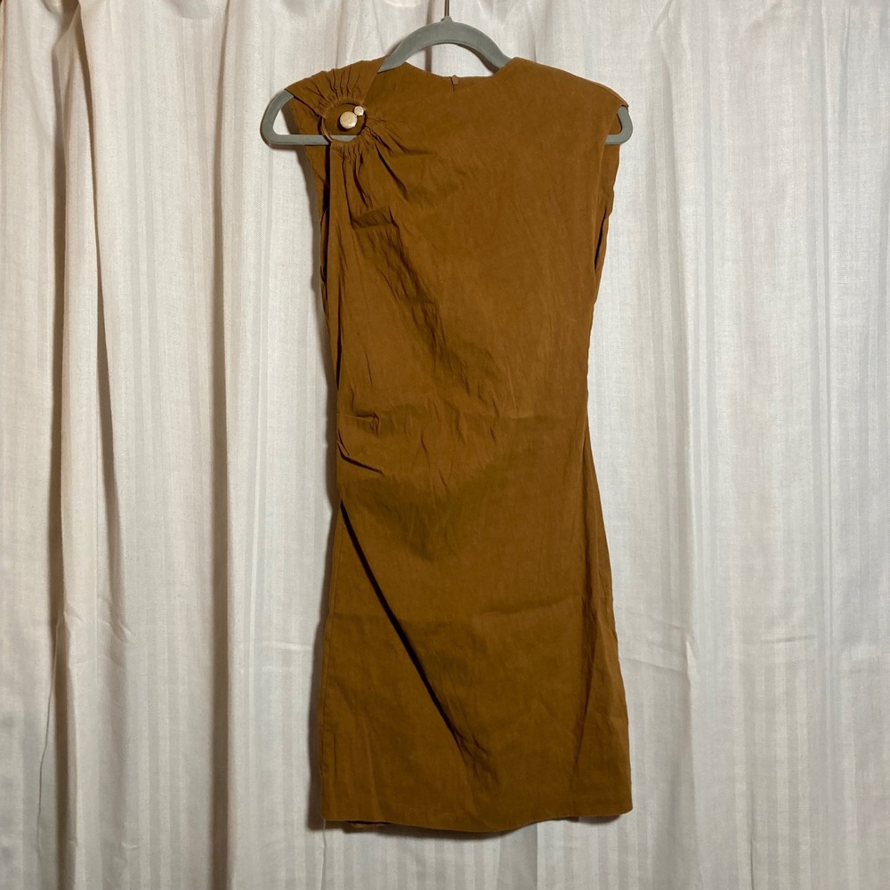 Zara Mustard copper brown dress linen blend fitted mother of Pear M Quiet Luxury